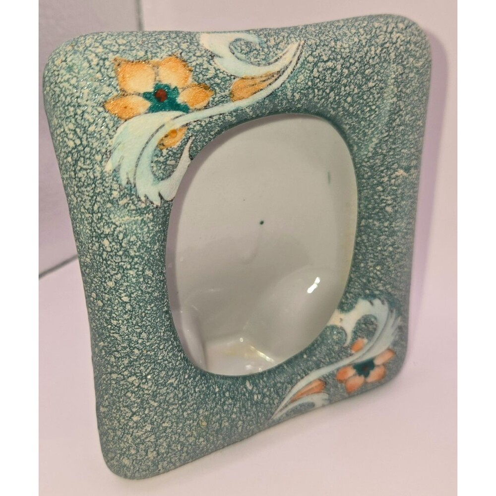 Vintage Art Deco Floral Ceramic Photo Frame – Blue & Green Sponge Glaze Pottery